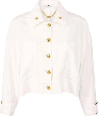 Elisabetta Franchi Jassen, Dames, Beige, XS, Gabardine Pea Coat met juwelen knopen