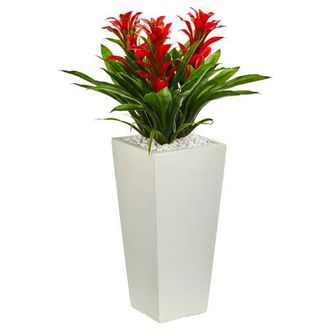 Nearly Natural Triple Bromeliad Artificial Plant in White Tower Planter in Red at Nordstrom