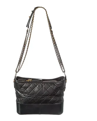 Chanel Black Smooth Calfskin Leather Aged Smooth Quilted Medium Gabrielle Logo Hobo (Authentic Pre-Loved)