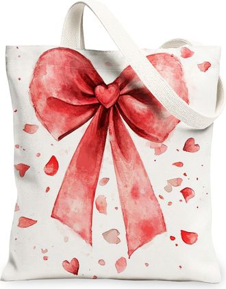 Generic Valentines Day Floral Canvas Tote Bags, Cute Heart Bow Pattern Reusable Grocery Bags, Lightweight Washable Shoulder Strap Canvas for Shopping Travel P