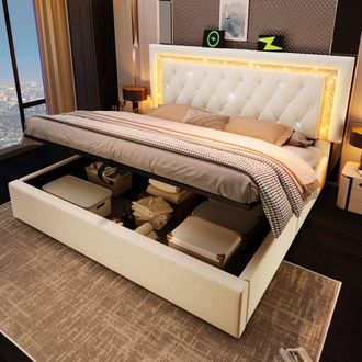 Matteo Upholstered Velvet Bed - LED, USB & Hydraulic Storage - Beige Double