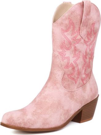 Generic Plus - Size Womens Retro Embroidered Western Cowboy Mid - Calf Boots, Chunky Heel Slip - On, Riding Style,Pink Velvet Lining,11 UK