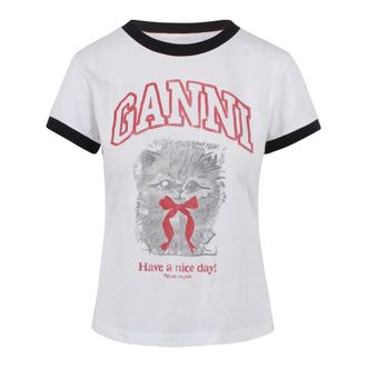 Ganni T-Shirts, female, White, Size: XS Kitten print T-shirt