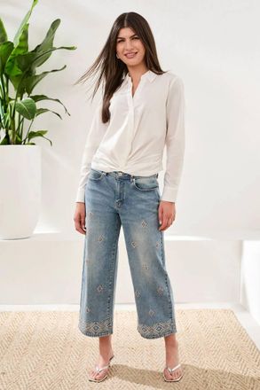Tribal Audrey Hugging Wide Leg Jean With Embroidered Finish In Sweet Blue