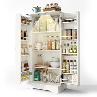 STILVORA Armario De Cocina De 128,5 Cm, Armario De Almacenamiento Estilo Granja - Armario Led Con 2 Puertas Abatibles Y Estantes Ajustables Para Espacios Peque
