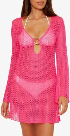BECCA by Rebecca Virtue Golden Beach Long Sleeve Lace Cover-Up Tunic in Punch at Nordstrom, Size Medium