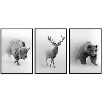 OEM Cuadro Enmarcado 73x53cm Tr&iacute;ptico Conjunto De 3 Cuadros Animales Ciervo Bisonte P1021