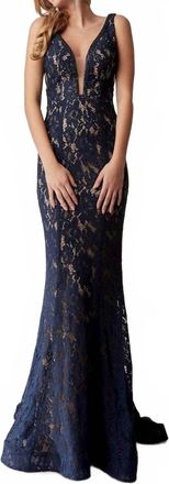 Jasz Couture Beaded Lace Deep V-Neck Sheath Dress In Navy Nude