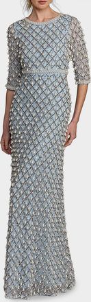 Mac Duggal Pearly-Embellished Beaded Mesh Gown