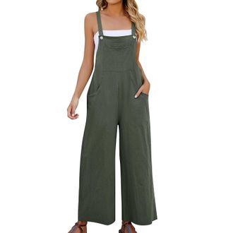 Generic Jumpsuit for Women UK Summer Dungarees Loose Plus Size Wide Leg Rompers with Pockets Cold Shoulder Suspender Overalls Solid Color High Waist Leisure P