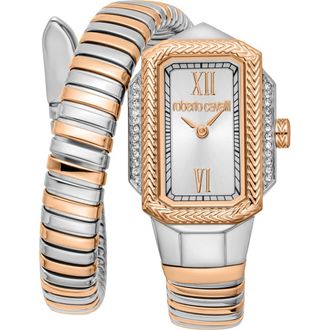 Roberto Cavalli Vera Snake Wraparound Bracelet Watch, 22mm x 32mm in Two Tone Silver /Rose Gold at Nordstrom Rack