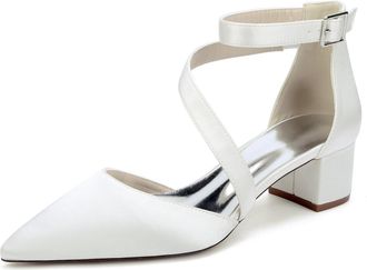 Generic Womes Wedding Bridal Pointed Toe Low Chunky Heels Satin Block Ankle Strap Pumps Party Dress Shoes 4.5 Cm,Ivory,10 UK