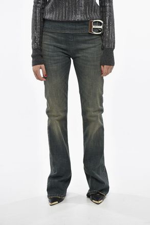 Balenciaga Stretch Denim Flared-Leg Jeans with Side Zip and 24 cm Silver Oversized Buckle Balenciaga