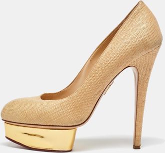 Charlotte Olympia Beige/gold Raffia And Leather Dolly Platform Pumps