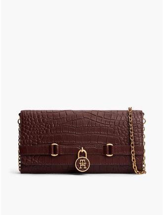 Tommy Hilfiger Womens Croc-Embossed Leather Crossbody - Oxblood