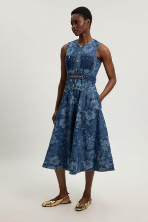 Karen Millen Womens Jacquard Denim Full Skirted Midi Dress - Blue Cotton - Size 18 UK