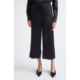 Toteme Satin Drawstring Wide Leg Pants in Black at Nordstrom, Size 10 Us