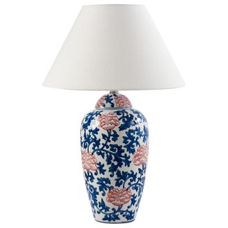 Beliani L&aacute;mpara De Mesa Elegante Con Base De Porcelana Con Dise&ntilde;o Floral Pantalla De Campana De Lino Iluminaci&oacute;n Blanco Y Azul Verusa