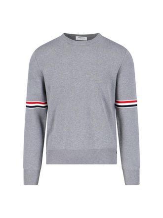Thom Browne Grey Cotton Crewneck Sweater With Tricolor Grosgrain Highlights