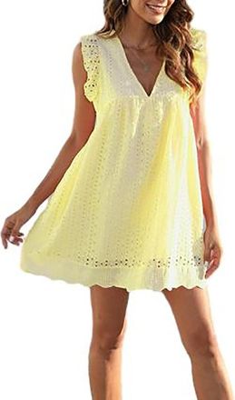 Generic California Romper Dress with Shorts, Womens Summer Womens Ruffle Sleeve V Neck Dress with Shorts (Yellow,M)