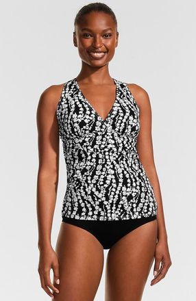 Lands End DD-Cup V-Neck Plunge X Back Tankini Top in Black/white Vine Floral at Nordstrom, Size X-Small