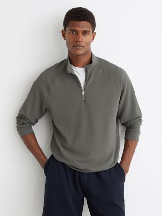 Reiss Sage Green Textured Half-zip Funnel-neck Jumper, XL