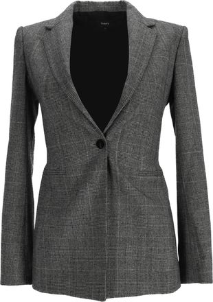 Theory Single-Breasted Plaid Slim-Fit Blazer in Grey Wool