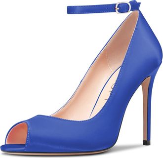 Castamere Womens High Heel Stilettos Peep Open Toe Pumps Court Shoe Ankle Strap Dress Wedding Sandals 10 CM Heels Blue Satin 1 3 UK