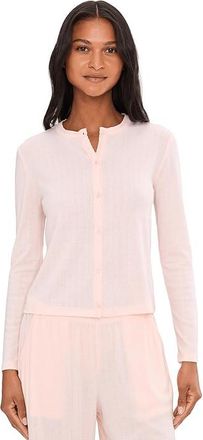 Barefoot Dreams Pointelle Rib Cardi with Scallop Trim Womens Sweater Pink Sand : LG (US 12-14), Elastane/Polyester