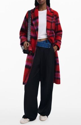 Desigual Tartan Plaid Fuzzy Coat in Red at Nordstrom, Size Medium