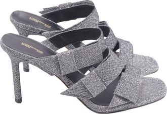 Diane Von F&uuml;rstenberg Diane Von Furstenberg Bow Straps Heeled Mules in Metallic Silver Glitter