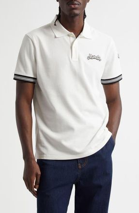 Moncler Logo Embroidered Cotton Polo in Silk White at Nordstrom, Size Medium