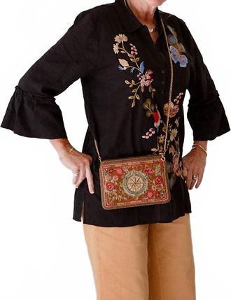 Johnny Was Womens Ruffle Sleeve Henley Tunic In Black
