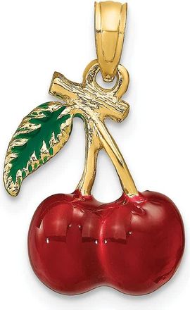 Diamond2Deal 14k Yellow Gold 3-D Red and Green Enameled Cherries with Leaf Charm Pendant