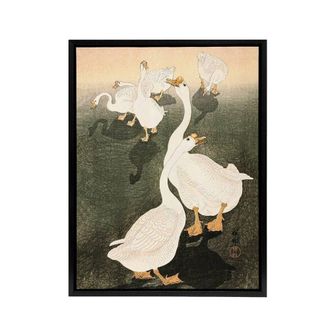 Artery8 A Flock Of Grazing Geese 1926 Framed Canvas Wall Art Print Ohara Koson in Orange | Size: W24 x H32