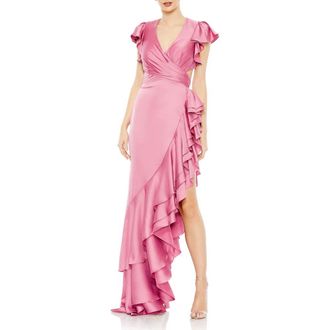 Mac Duggal Flutter Sleeve Cut Out Asymettical Ruffled Gown in Raspberry at Nordstrom, Size 8