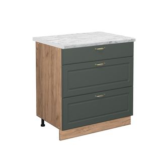 Vicco Mueble Bajo De Cocina Fame-line, Verde Dorado Casa De Campo, 80 Cm Con 3 Cajones, Et M&aacute;rmol