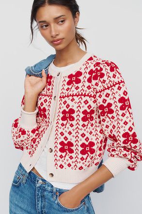 Maeve Cotton Wool Cropped Puff-Sleeve Cardigan