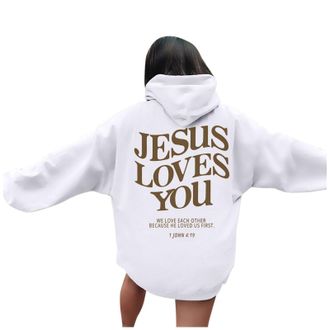 Generic Christian Hoodies for Women Ladies Teen Girls UK Bible Verse Jesus Loves You Graphic Casual Oversized Long Sleeve Sweatshirts Drawstring Pockets Pullo