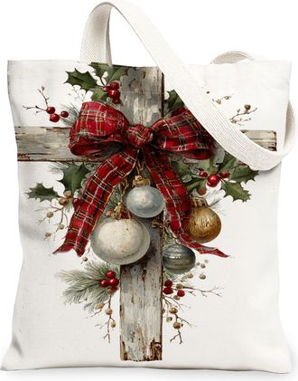 Generic Christmas Floral Canvas Tote Bags, Holiday Decor Vintage Pattern Reusable Bags, Lightweight Washable Shoulder Strap Canvas, White, 13x15 Inch