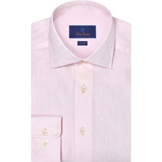 David Donahue Trim Fit Herringbone Linen Dress Shirt in Pink at Nordstrom, Size 18.5