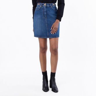 Versace Medusa 95 Denim Mini Skirt, Brand Size 38 ( US Size 2 )