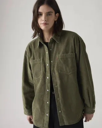 Levi's Iris Corduroy Overshirt Womens Green 100% Cotton Snap Button JAX1286