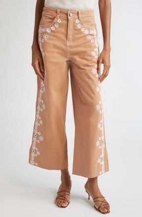 Cinq &agrave; Sept Mazie Eyelet Detail Stretch Cotton Pants in Sahara/White at Nordstrom Rack, Size 10