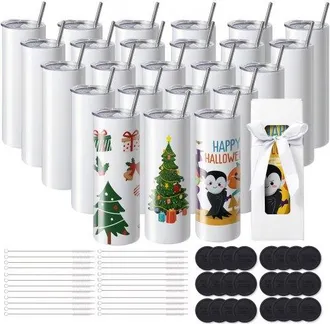 OEM 24er-pack Sublimationsbecher, 567 G Blanko-becher, Edelstahl-doppelwandbecher Mit Strohhalm, Deckel, B&uuml;rste, Boden, Schrumpffolie, Geschenkbox, F&uuml;r W&auml;