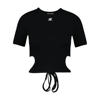 Courr&egrave;ges Womens Ribbon Cut-Out T-Shirt Black Cotton