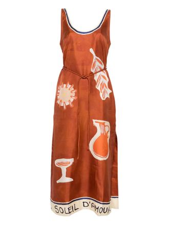 Alemais Soleil Damour graphic-print tie midi dress - women - Silk/Viscose - 12 - Brown