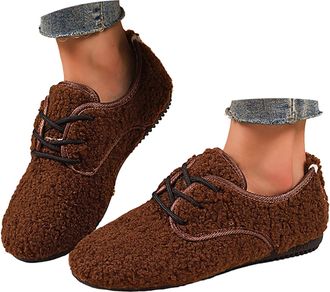 Generic Womens Cozy Flat Shoes Round Toe Fleece Lined Lace Up Warm Casual Fuzzy Slip On Walking Shoes for Women Indoor Outdoor Winter Plush Solid Low Top Non-