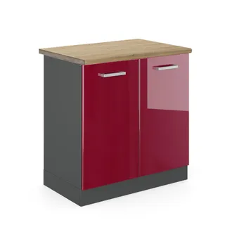 Vicco Armario Bajo Para Fregadero R-line, Rojo Burdeos Alto Brillo, 80 Cm, Et Roble Vicco