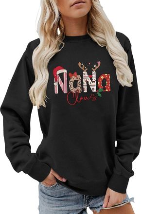 Generic Christmas Grandma Sweatshirt Nana Claus Jumpers Funny Santa Graphic Shirts Women Holiday Pullover Tops Gigi Gifts Black